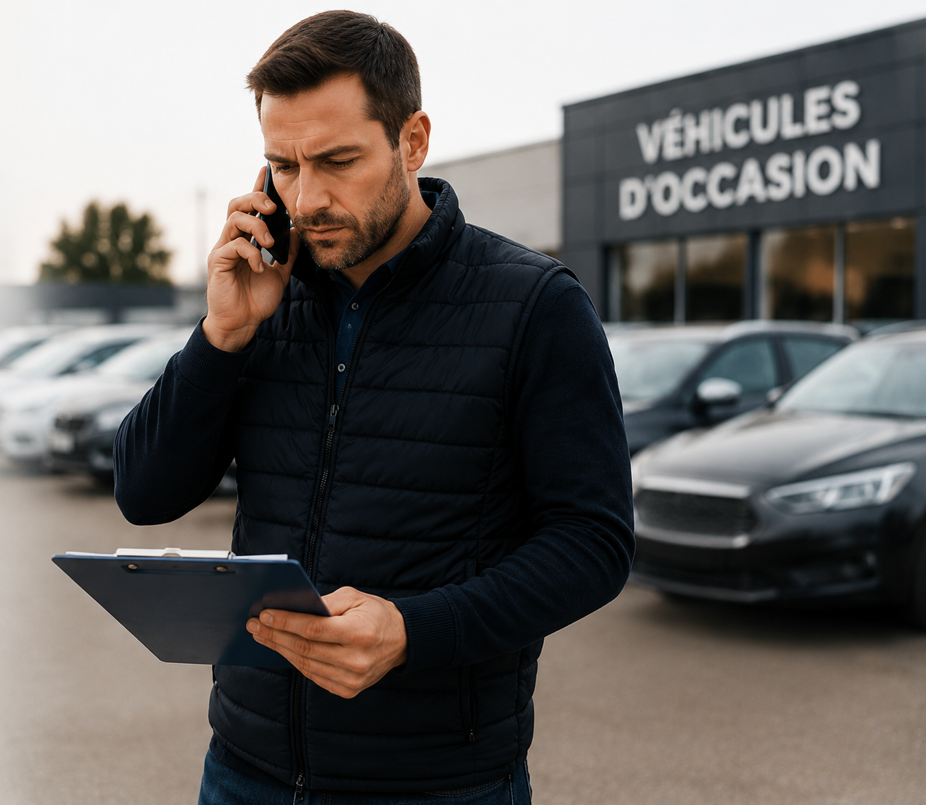 Négociant VO au téléphone devant son parc